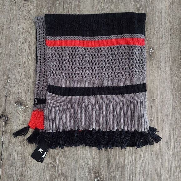 Sorel Oversized Red Gray Chunky Knit Fringe Scarf